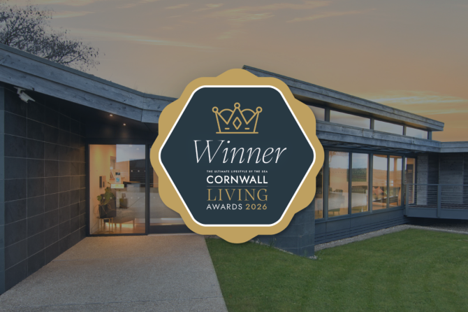 Blog banner badge centred 1920×8001x - Revitalise Dental Centre | Private Dentist Cornwall Award badge for Cornwall Living Awards 2026 centered on a modern house exterior at sunset, indicating a win.